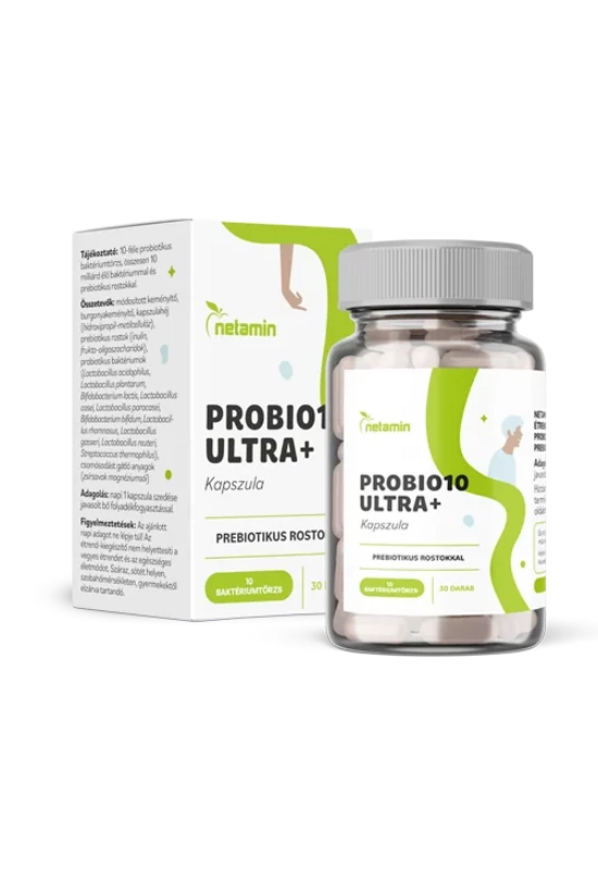 Netamin Probio10 Ultra+ kapszula prebiotikus rostokkal, 30 kapszula, Emésztési panaszok és krónikus emésztőrendszeri problémák (IBS, IBD) kiegészítő kezelésére