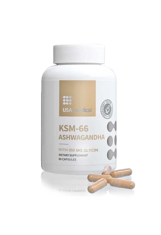 USA Medical Ashwagandha kapszula KSM-66 Ashwagandha® gyökér kivonattal és glicinnel 60 db
