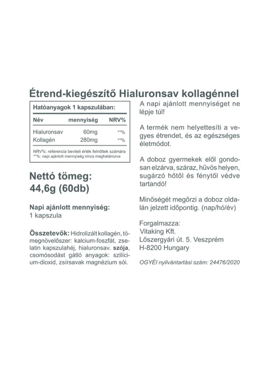 Vitaking Hialuronsav + Kollagén Komplex (60 kapszula)